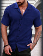 Versatile Dark Blue Cropped Collar Short Sleeve Shirt - Modern Fit for Trendsetting Style