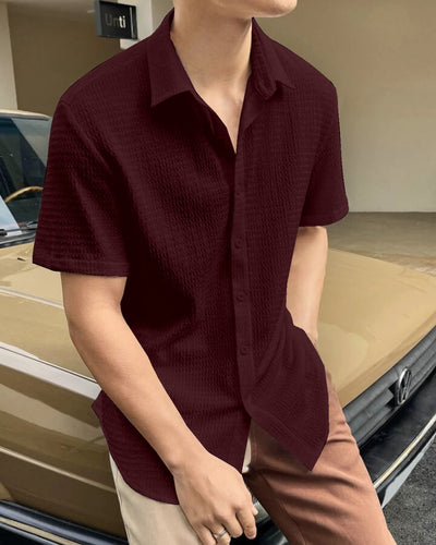 Desirable Dark Maroon Seersucker Half Sleeve Shirt