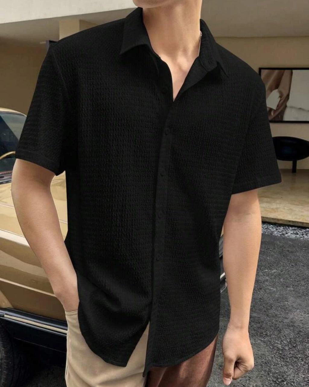 Pleasant Black Seersucker Half Sleeve Shirt