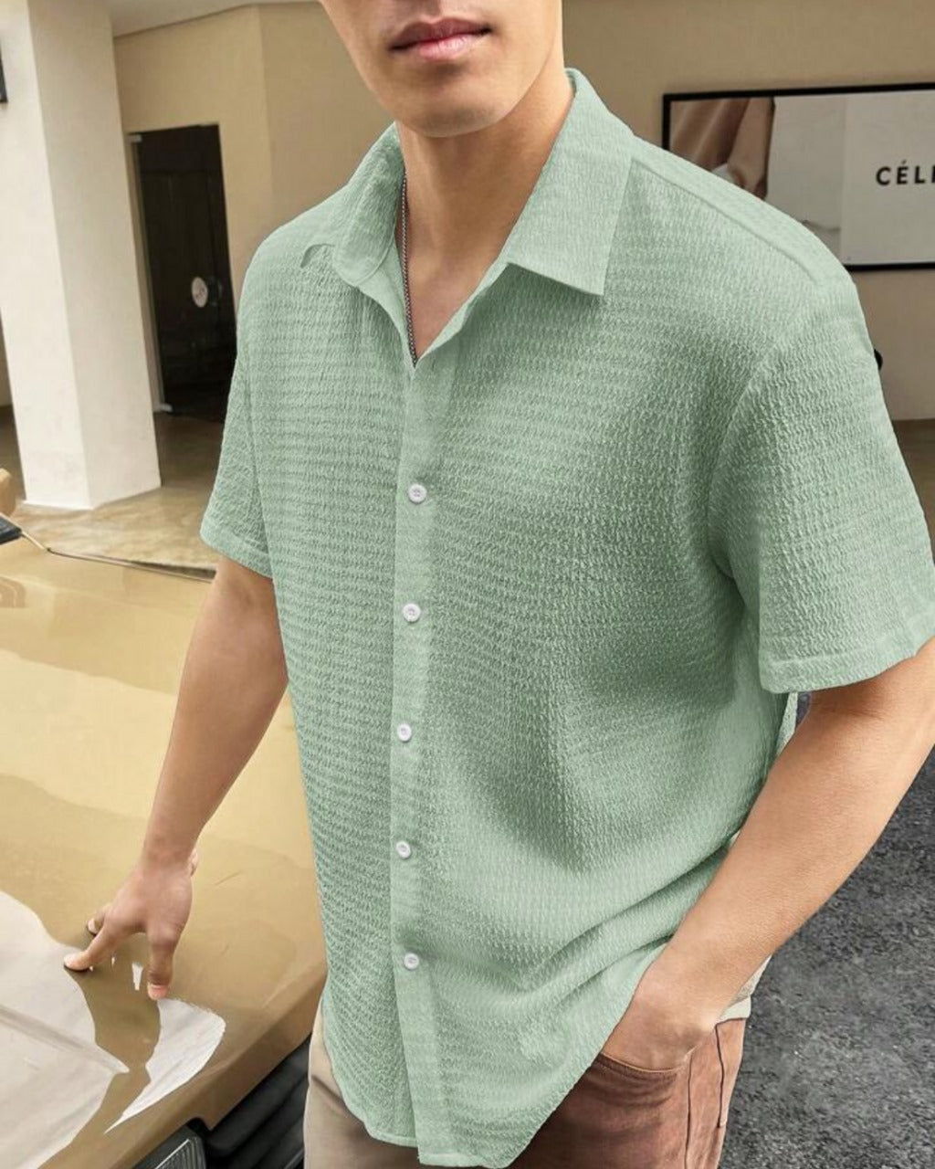 Mesmerizing Sage Green Seersucker Half Sleeve Shirt